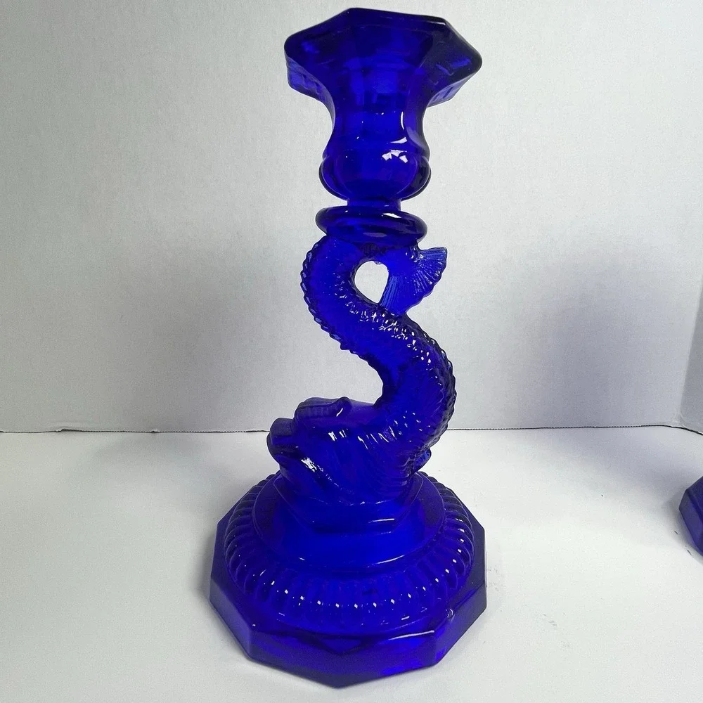 Vintage Cobalt Blue Glass Bearded Koi Tapered Candle Stick Holder Set of 2